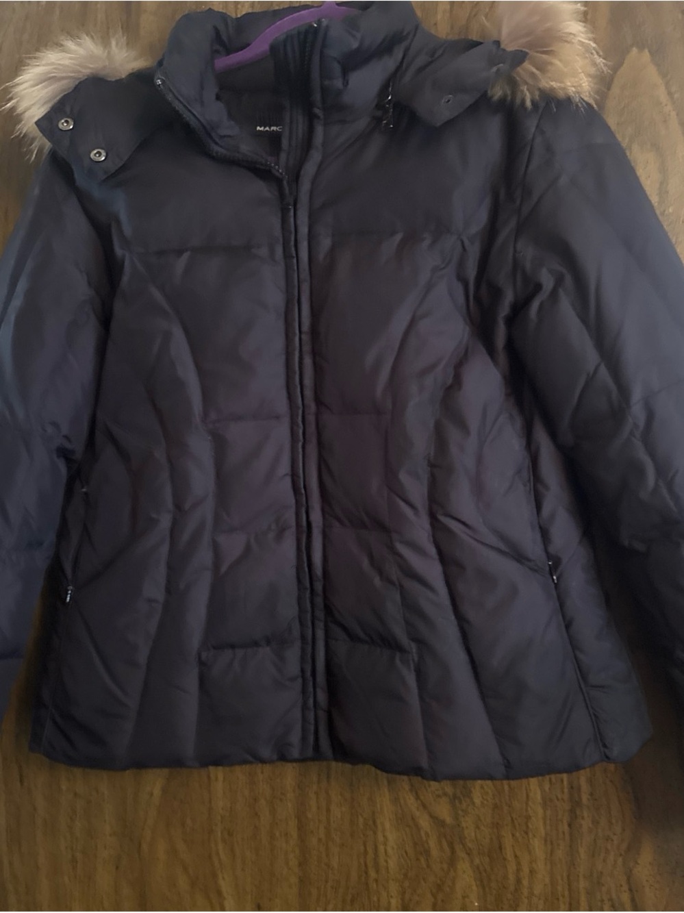 Marc New York Black Quilted Puffer Coat with Real Fur Hood Trim